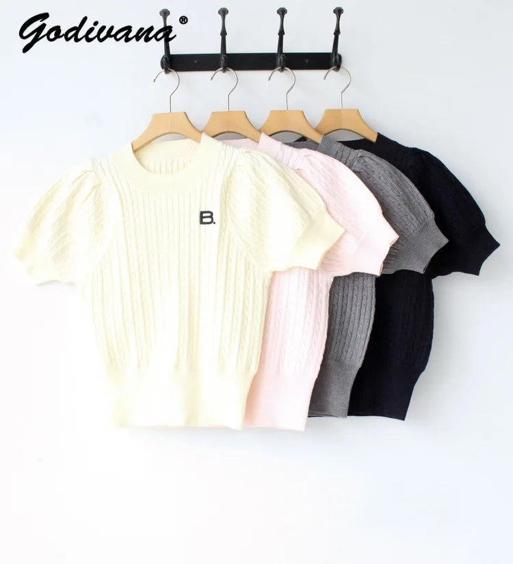 Japanese New Spring Ladies Sweet Bubble Short Sleeve Twist Knitted Top Sweater Letter Embroidered Pure Color Women's T-shirt