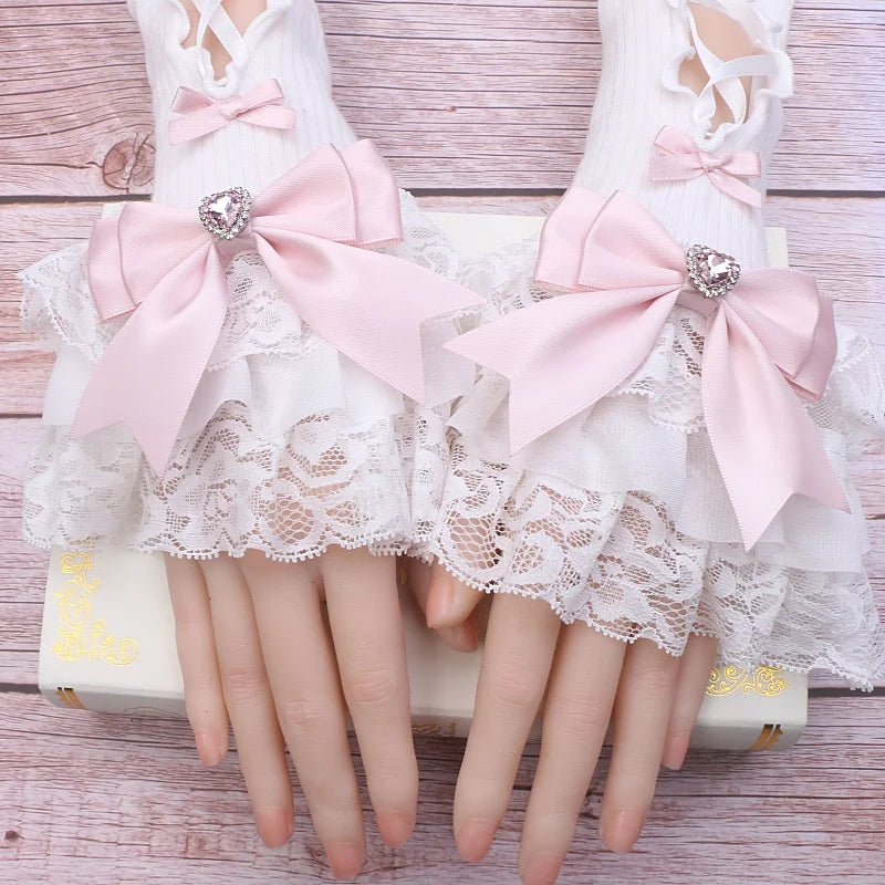 Handmade Sweet Women's Lolita Mine Lace Bow Rhinestone Oversleeves Girls Japanese Style Lace Sleeves Mittens