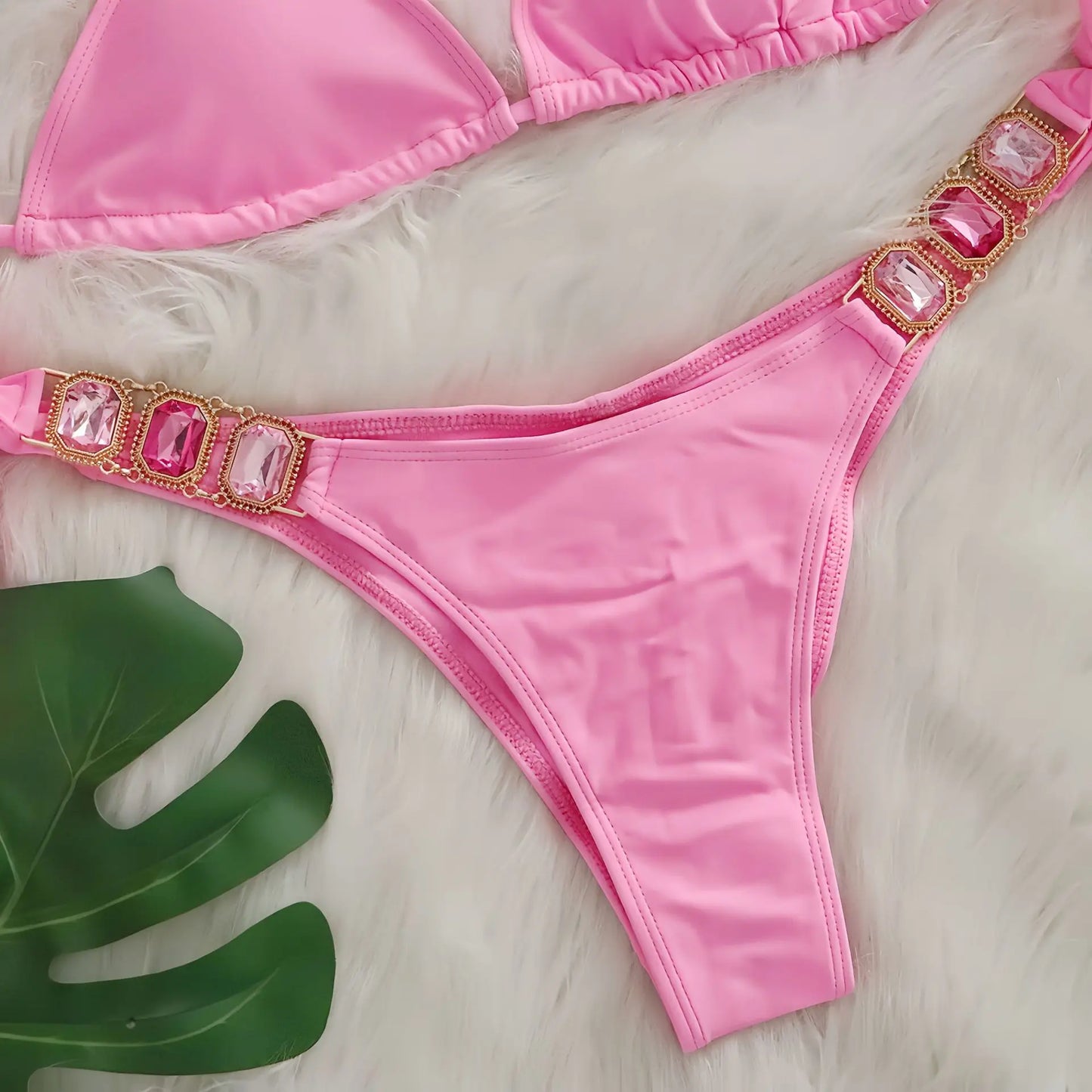 Sexy Rhinestone Bikini Set Women 2025 Luxury Pink Crystal Diamond Push Up Bandage Thong Swimsuit Beach Bathing Suit Swimwear