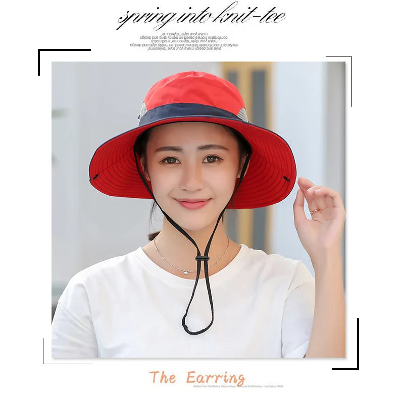 Women Summer Adjustable Bucket Hat with a Ponytail Hole Girls Sun Protection Hiking Cap Parent-child Outdoor Wide Brim Headgear