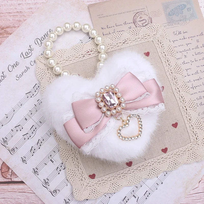 Romantic Bag Ornament Plush Heart Pearls  Keychain Bag Decor Keyring Sweet Ita Bag Pendant Handmade Bow Accessories Keychain