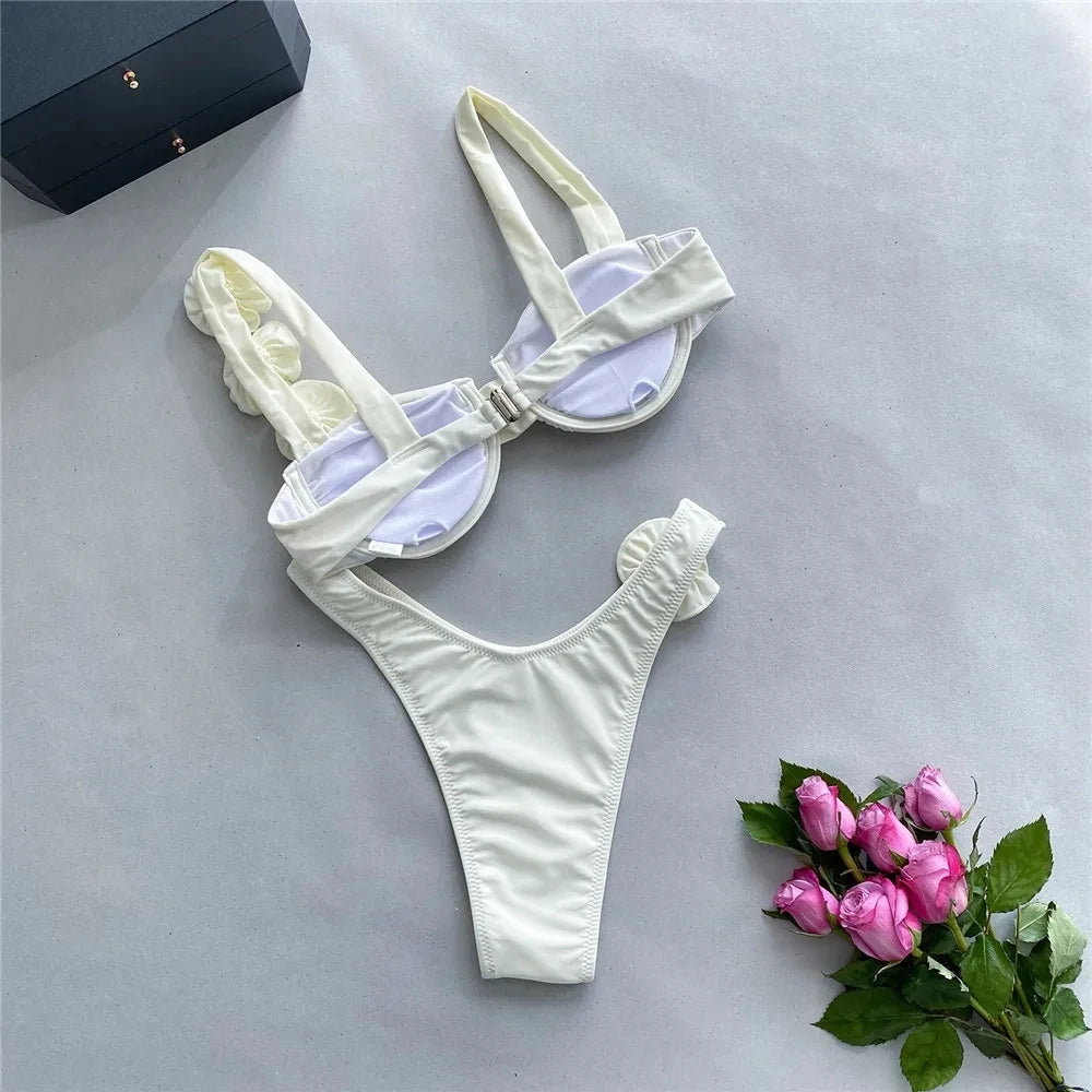 Sexy 3D Flower Rose Red Push Up Bikinis Sets Woman Swimsuit 2025 High Leg Cut Swimwear Underwire Bathing Suit Micro Bikini Mujer