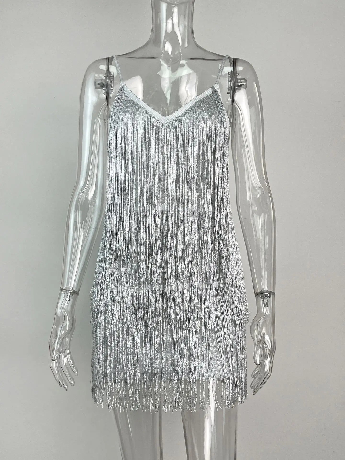 Leosoxs Women Sexy Deep V-Neck Spaghetti Straps Fringe Bodycon Mini Dress Tassels Backless Gatsby Cocktail Club Party Dresses