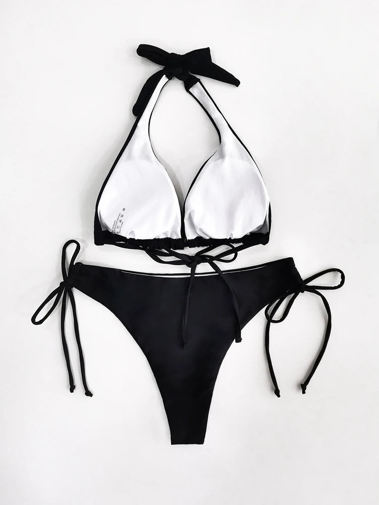 Sexy Halter Bikini Swimsuit Women Low Waisted 2025 New Black/Red/Rose Beach Bathing Suit Bandage Brazilian Swimwear Two Pieces