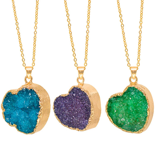 Heart Shaped Druzy Quartz Stone Necklace for Women Raw Crystal Cluster Reiki Healing Pendant Jewelry