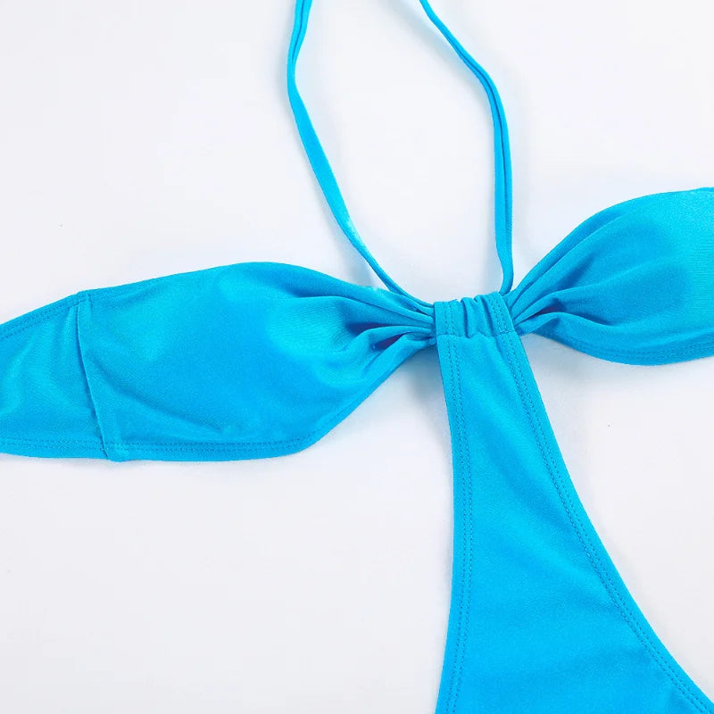 String Swimwear Women Sexy Halter One Pieces Swimsuit Lace-Up Push Up Bathing Suits 2023 Solid Bikinis Sets Beachwear Monokinis