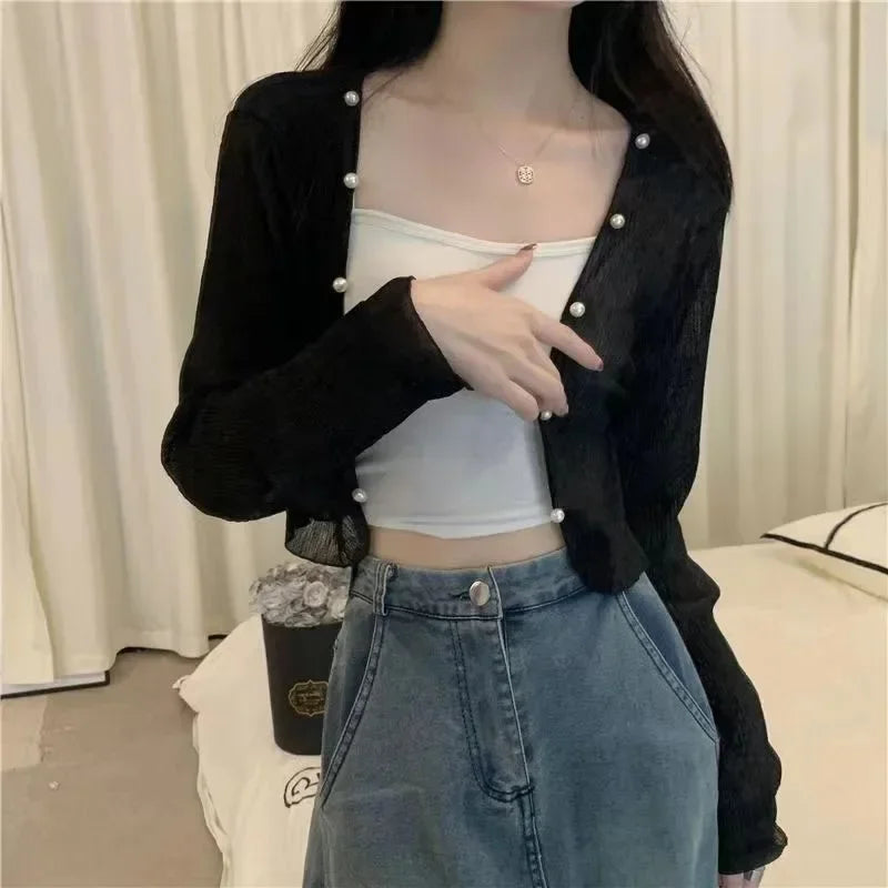Y2k  White Sun-proof Summer Transparent Short Shirts Female Casual Fashion Thin Shirt Woman Long Sleeve Sun Protection Clothing