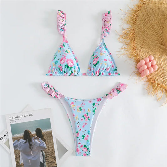 Sexy Floral Bikinis 2024 Woman Swimsuit Female Swimwear Brazilian Halter Micro Thong Bikinis Set Women Bathing Suits Beach Wear