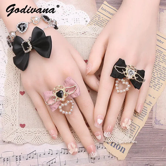 Handmade Rojita Japanese Style Elegant Sweet Cute Rings Rhinestone Ruffled Bow Soft Girl Ring Fashion Rolita Rings for Women