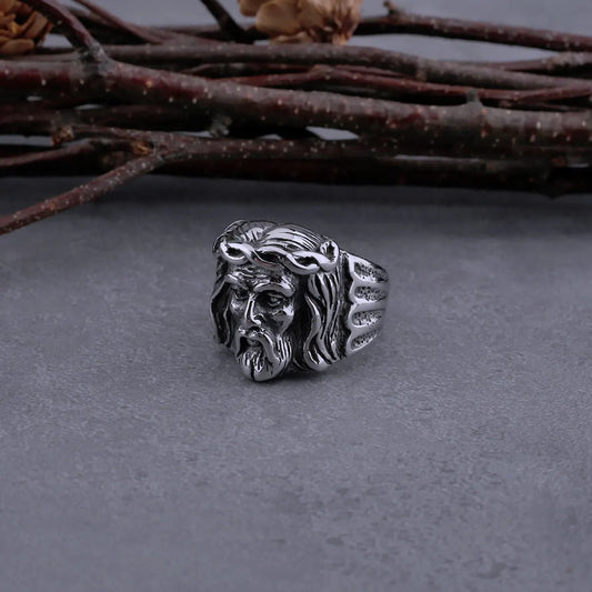 Stainless Steel Vintage Jesus Head Ring Men's High Quality Fashion Punk Catholic Faith Cross Ring Religious Biker Jewelry Gift