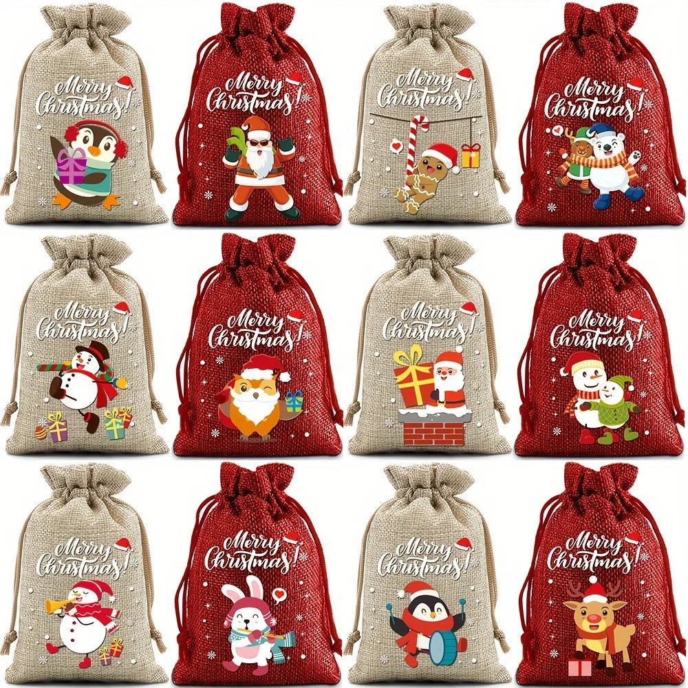 12 Pieces Christmas Gift Bags with Drawstring Christmas Linen Bags for Advent Calendar Fabric Bag Cookie Candy Pouch