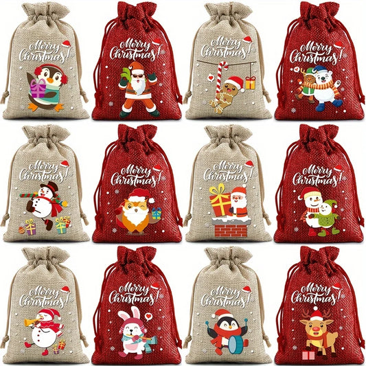 12 Pieces Christmas Gift Bags with Drawstring Christmas Linen Bags for Advent Calendar Fabric Bag Cookie Candy Pouch
