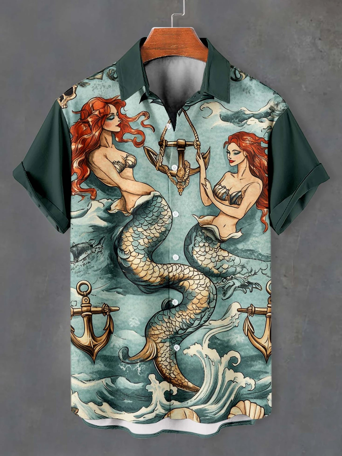 Retro Mermaid Pattern Men's Shirt Short Sleeve Shirts Button Down Lapel Shirts Oversized Tops Casual Hawaiian Shirt for Men
