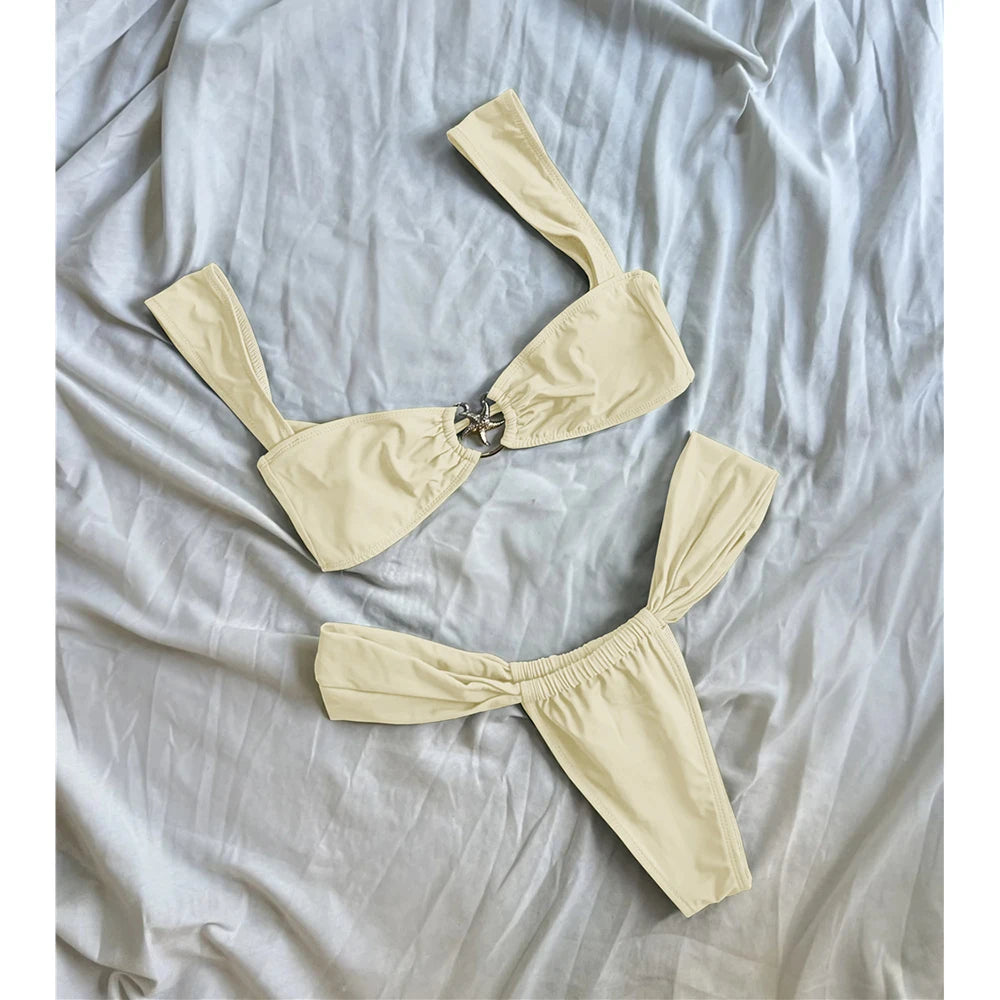 Push Up Bikinis Women Swimsuits 2025 Swimwear Sexy Starfish Bikini Set Thong Brazilian Biquini Bathing Suit Solid Beachwear
