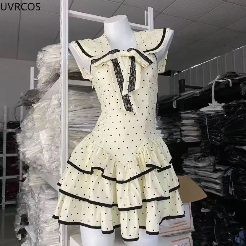 Japanese Gothic Y2k Lolita Dress Wome Preppy Style Polka Dot Print Sailor Collar Backless Dresses Girls Elegant Party Mini Dress