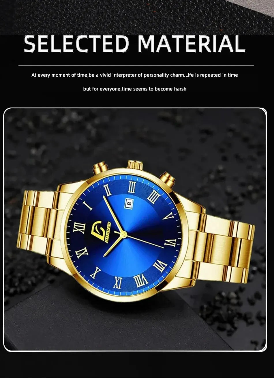 1Pcs Men's Casual Business Stainless Steel Band Quartz Watch 2PCS Luxury Alloy Bracelet Necklace Birthday Christmas Gift Set