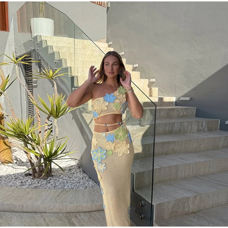 Sexy Beach Women's Set Beading Flower Crochet Crop Top Slim Maxi Skirt Female Suit 2025 Summer Hollow Out Knit Lady Dress Sets