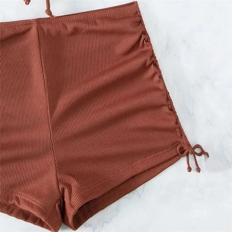 Black Drawstring Swimwear Bikinis Sets Mujer 2025 Crop Top Shorts Bottom Swimsuit Women Sexy Bathing Suit Beachwear Bikini Swim