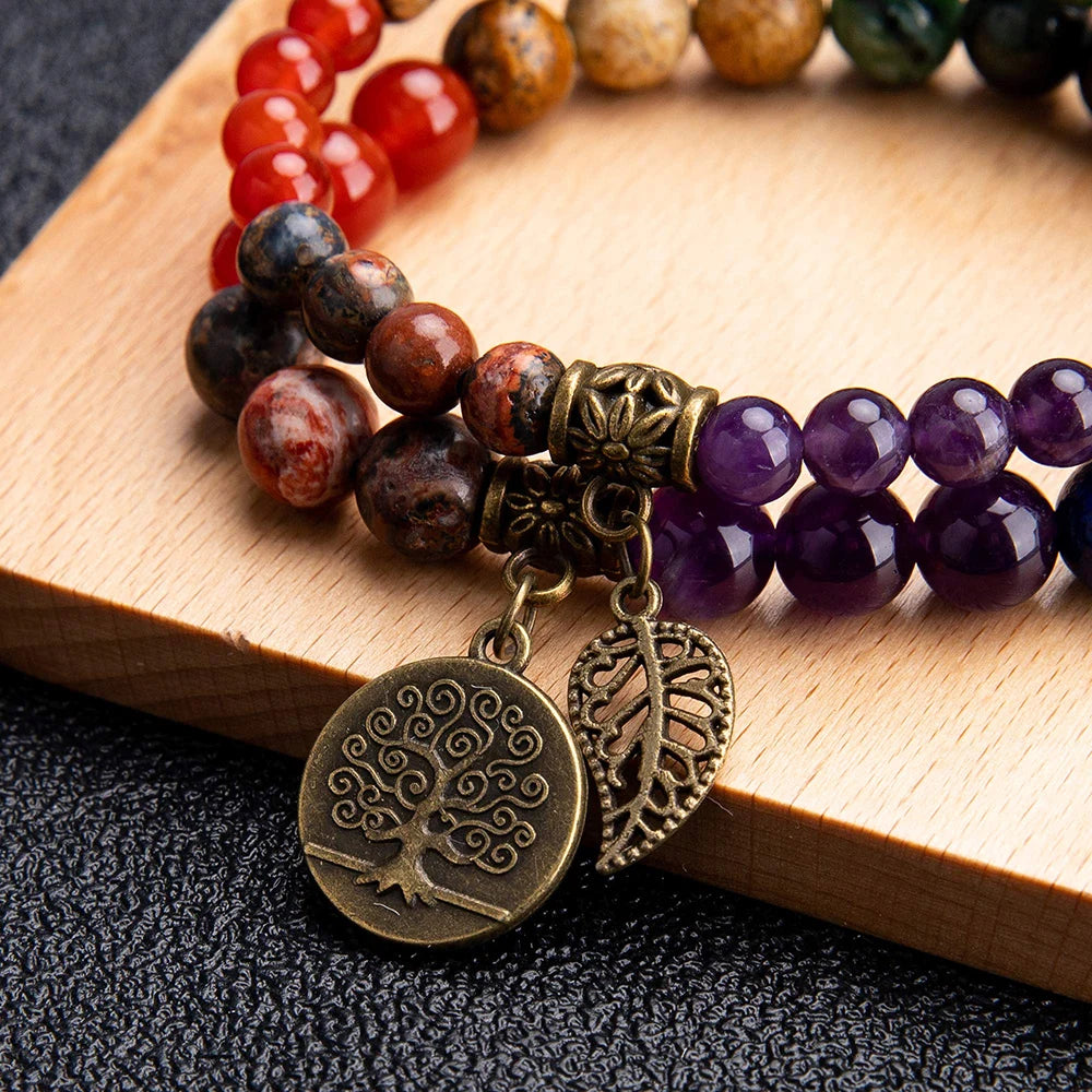 Natural Semi Precious Gemstone Beads Bracelet for Women Life Tree and Leaf Charm Energy Reiki Crystal Stretch Bracelets Jewelry