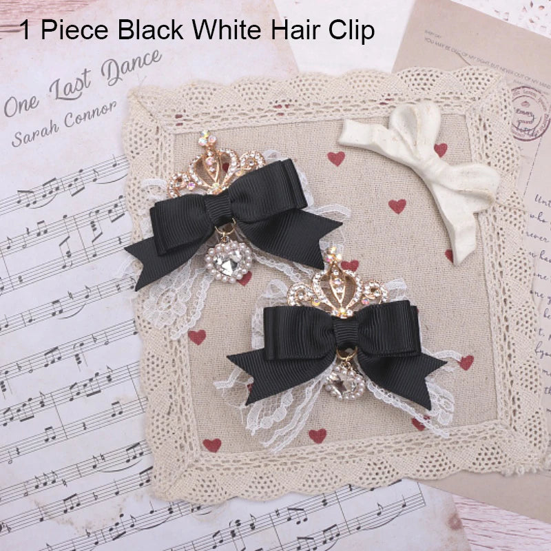 Kawaii Lo Bow Hair Accessories Headdress Girl Women's Sweet Cute Bow Crown Rhinestone Side Clip Lolita Hair Clip Lace Hairpin