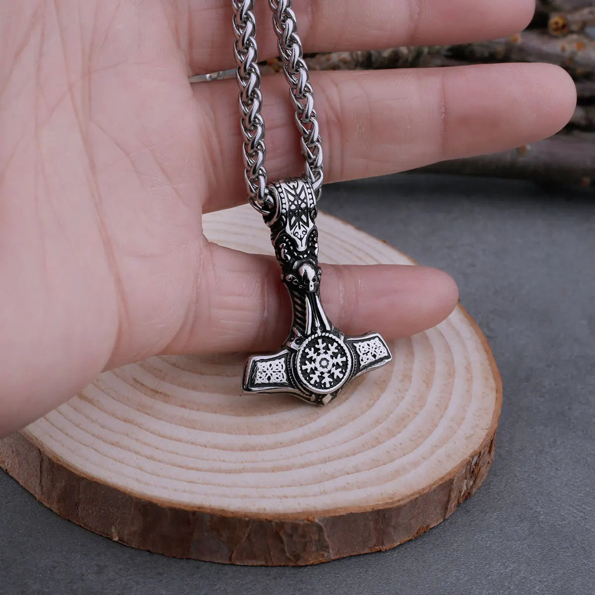 Vintage Viking Thor Mjolnir and Helm of Awe Skull Necklace Men's Charm Nordic Pendant Stainless Steel Jewelry As A Men's Gift