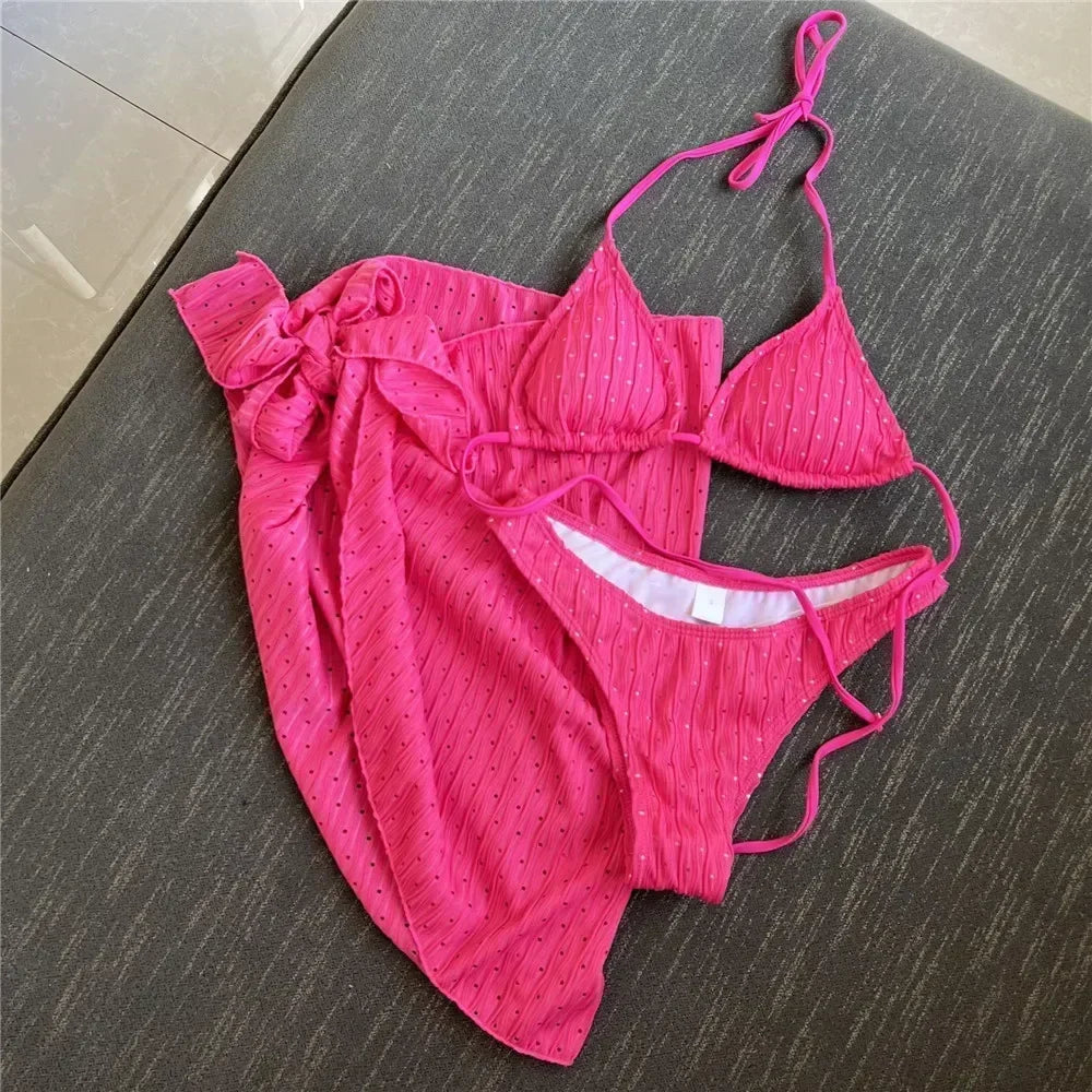 Pink Triangle Halter String Bikinis Sets 3 Pieces Sexy Swimsuits Cover Ups Women 2025 Holiday Solids Swimwears Beachwear Biquini