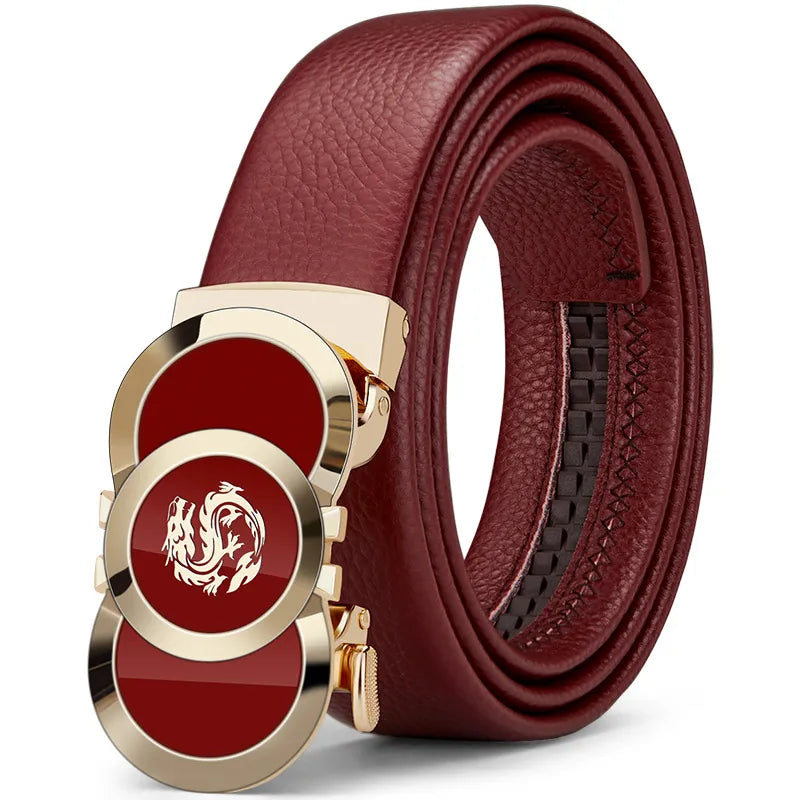 Genuine leather Chinese style men's belt, red belt, automatic buckle, personalized belt