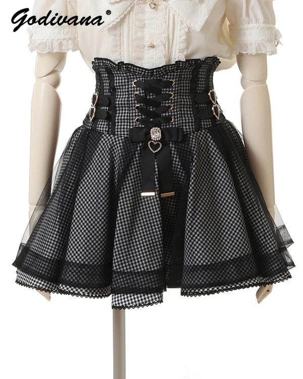 Japanese Liz New Summer Lace Edge Leather Ring High Waist Pleated Skirt Ribbon Bow All-match Short Skirts Big Bow Lolita Blouses