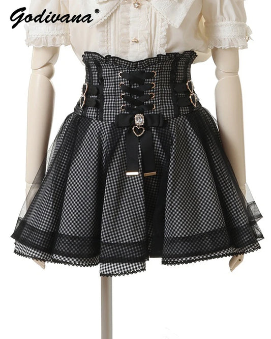 Japanese Liz New Summer Lace Edge Leather Ring High Waist Pleated Skirt Ribbon Bow All-match Short Skirts Big Bow Lolita Blouses