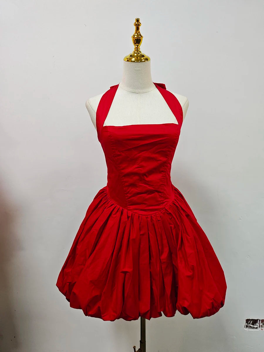 VGH Sexy Temperament Tunic Ball Gown for Women Halter Sleeveless Patchwork Lace Up Short Prom Dresses Female Clothing Fashion