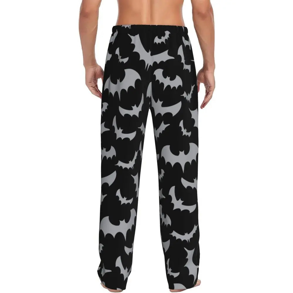 Custom Cute Spooky Halloween Bats Black And Purple Pajama Pants for Men Lounge Sleep Drawstring Sleepwear Bottoms with Pockets