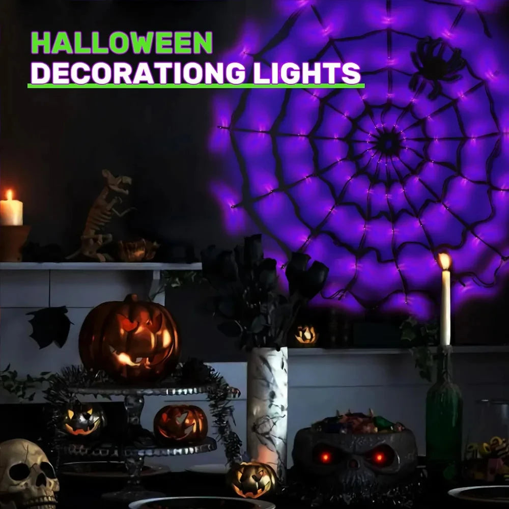 Halloween Window Decorations Purple Spider Web String Lights with 70 LEDs Battery Powered Remote Control 8 Modes for Party Decor