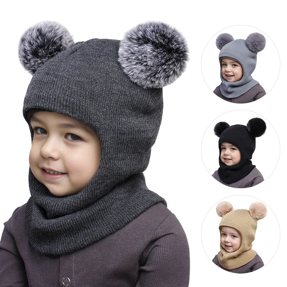 Kids Autumn Winter Pullover Hat Children's Double Ball Ear Protection One-piece Hats Baby Yarn Knit Cap Balaclava Christmas Gift
