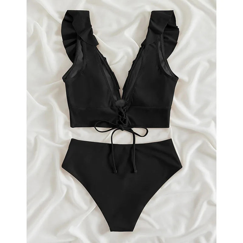 Riseado High Waist Bikinis Set Ruffle Shoulder Sexy Plunging Swimwear Women Bathing Suit Summer Beachwear