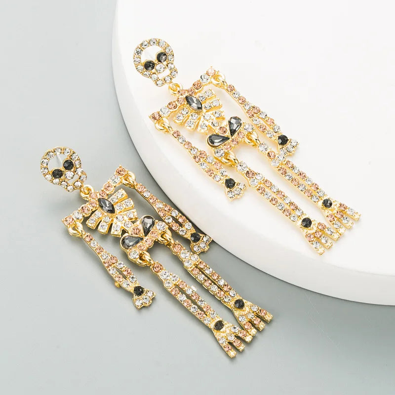 Women's Gothic Gorgeous Rhinestone Skeleton Dangling Earrings Halloween Retro Long Earrings Fashion Gift for Holidays