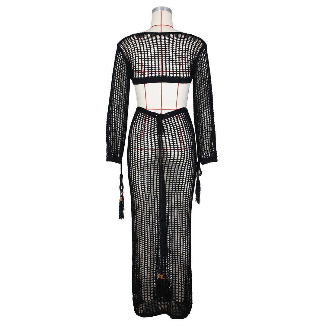 S - XL Long Sleeve Hollow Out Crochet Knitted Tunic Beach Cover Up Cover-ups Beach Dress Beach Wear Beachwear Female Women V5322