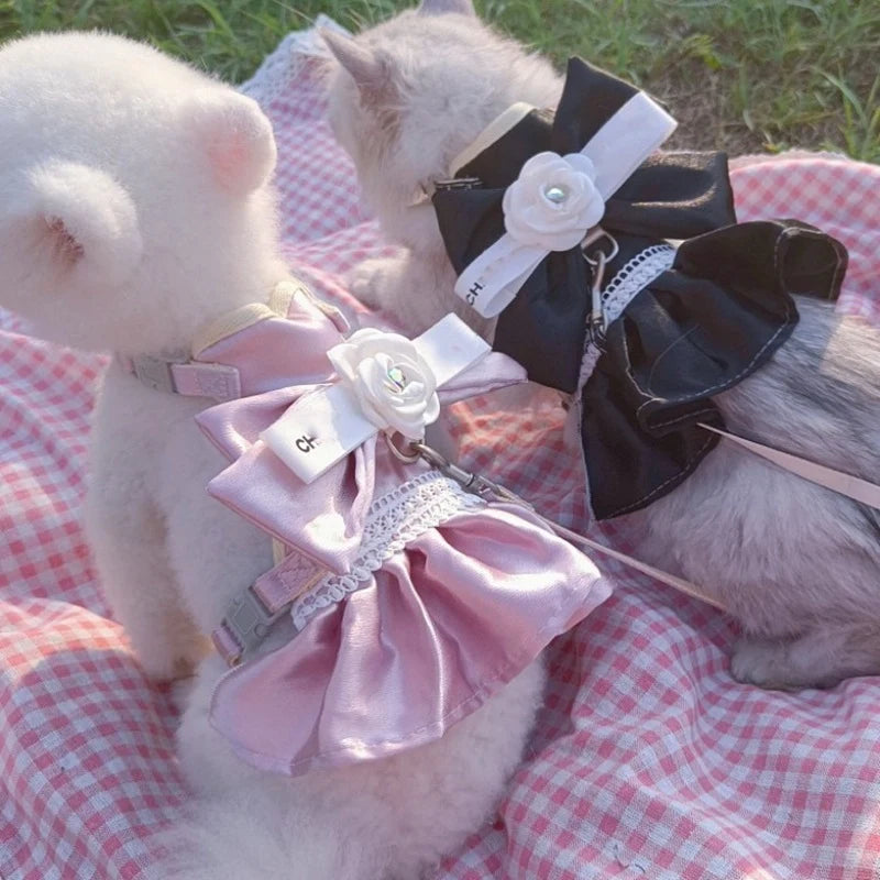 New Pet Cat Dog Traction Suit Fashion Luxury Flowers Bow lace Chest Back Traction Rope Advanced Flower Clothes Dog Walking Rope