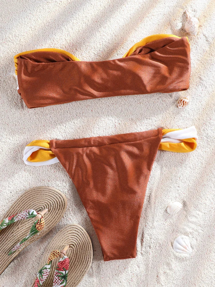 ZRTAK Beige Off Shoulder Solid  Swimsuit Push Up Bikinis 2025 Bathing Suit Sexy Bikini Sets Swimwear Mujer Beachwear Biquinis