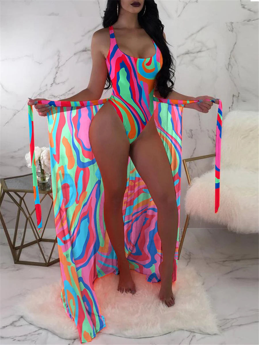 2 Piece Floral Print Bodysuit With Beach Skirt 2023 Women Padded Bikinis Swimwear Female Bathing Swimming Suit Summer Beachwear