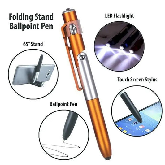 2025 4 In 1 Multifunction Ballpoint Pen With Led Light Folding Phone Holder Touch Screen Stylus Office School Student Stationery