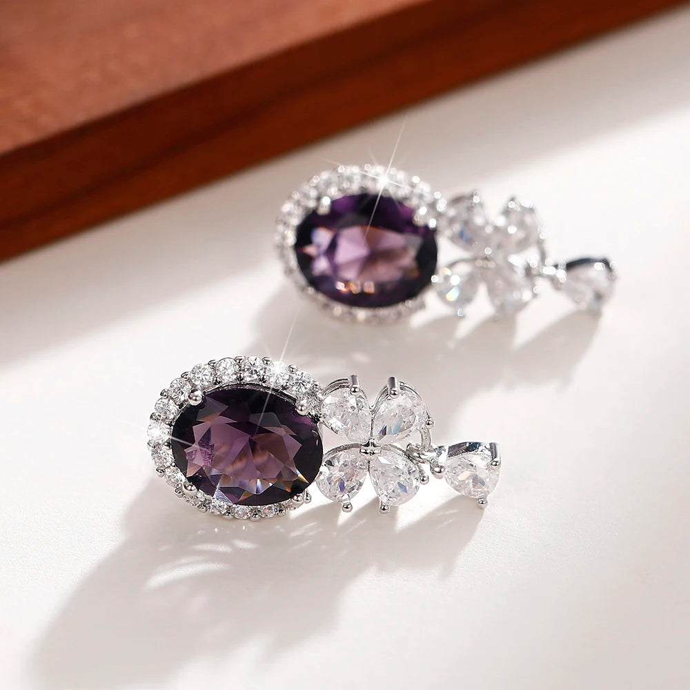 Huitan Gorgeous Purple Cubic Zirconia Dangle Earrings for Women Exquisite Birthday Gift Fashion Accessory Wedding Party Jewelry