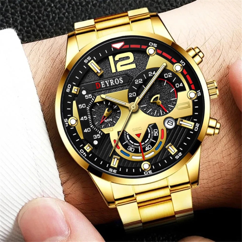 2Pcs Fashion Sporty Men's Watch Gloden Alloy Analog Watch Bracelet Quartz Wrist Watch Jewelry Set The Perfect Gift for Men
