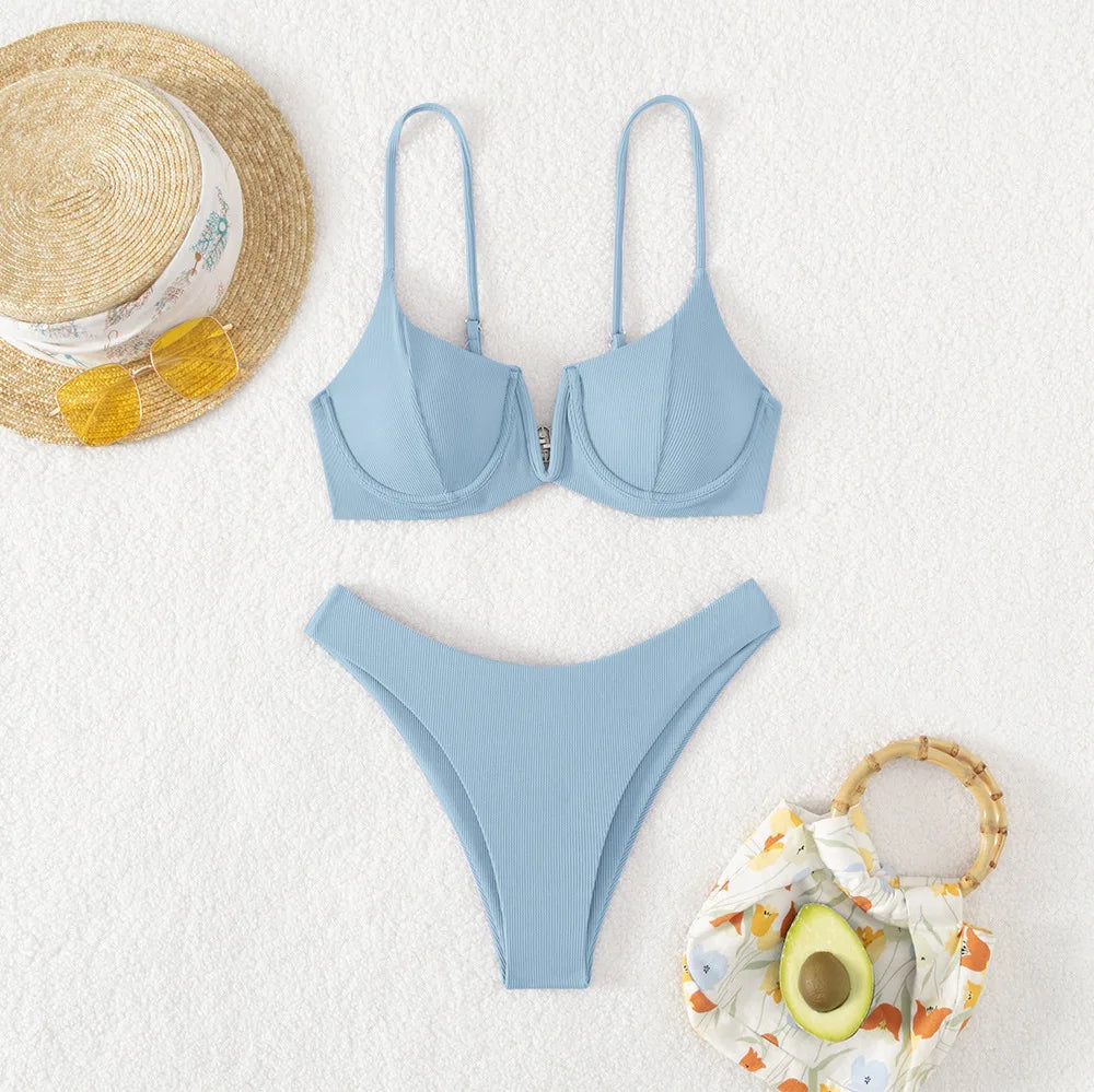 Sexy Underwired BikiniS 2024 Mujer Women Solid V-bra Push Up Two pieces Bikini Set High Cut Bathing Suit Padded Thong Swimsuit