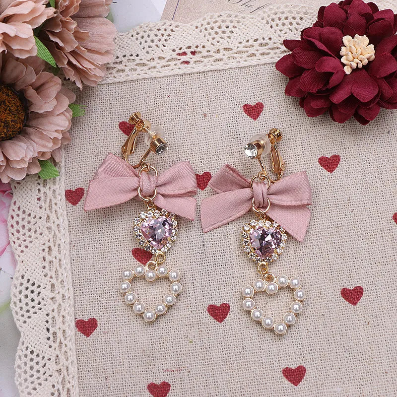 Japanese Style Lolita Sweet Bownot Rhinestone Pearl Heart Shaped Drop Earrings 925 Silver Pin Ear Clip Women Girls Earrings
