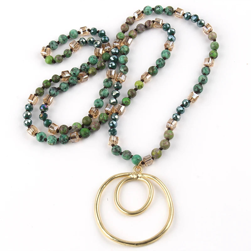Fashion Bohemian Jewelry Accessory 6mm Stones/Crystal Knotted With Metal Round Pendant Necklaces Women Boho Gift
