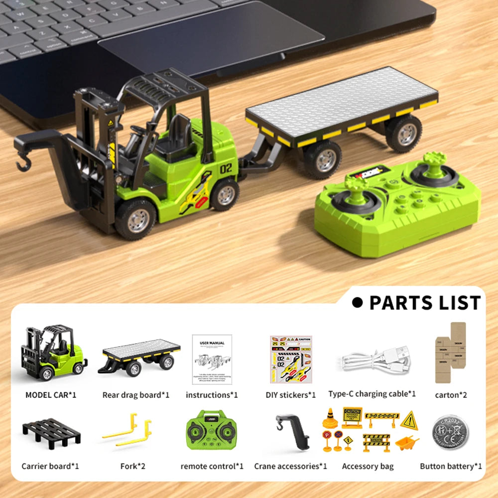 1:64 Bluetooth Remote Control Crane And Forklift two-in-one Desktop Mini Alloy Toy Car With Trailer Christmas Gift In Color Box