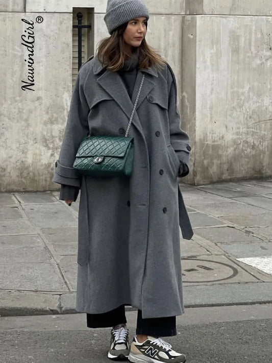 Elegant Woolen Long Coats Women Double-breasted Turn-down Collar Full Sleeves Jackets 2025 Autumn Winter Fashion Outwears Lady