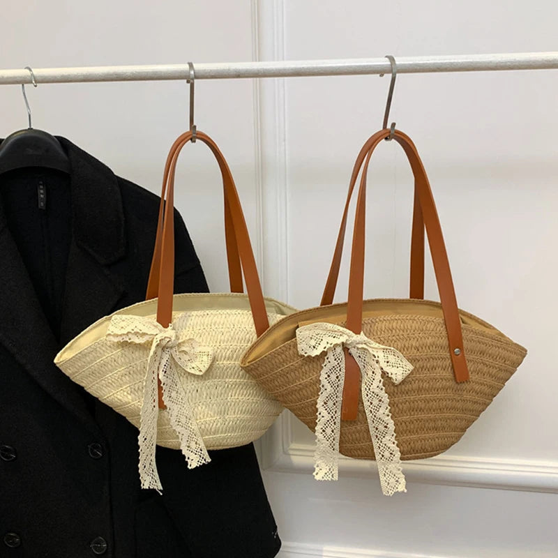 Women Braided Basket Clutches Bag Large Straw Portable Shoulder Bag Summer Beach Purses Shopper Satchel