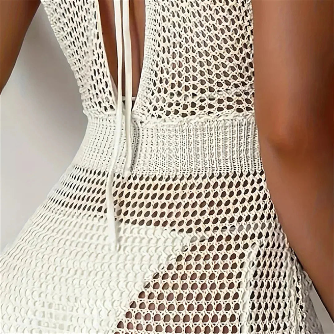 New Deep V Neck Backless Hollow Out Crochet Knitted Tunic Beach Cover Up Cover-ups Beach Dress Beach Wear Beachwear Female V6180