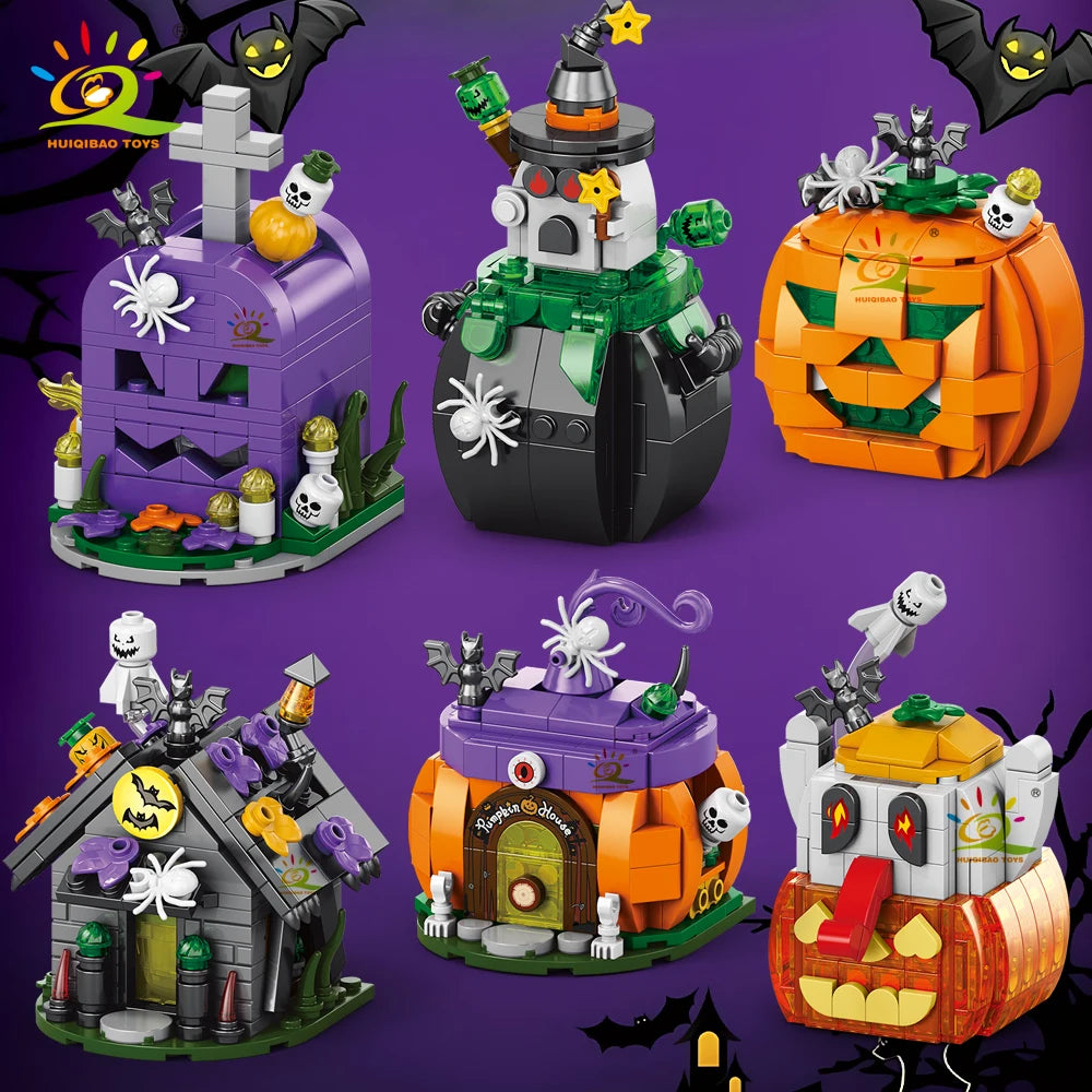 HUIQIBAO Halloween Wizard Cat Dog Ghosts Pumpkin Houses Model Building Block DIY Haunted House Bat Bricks Toys for Adult Gift